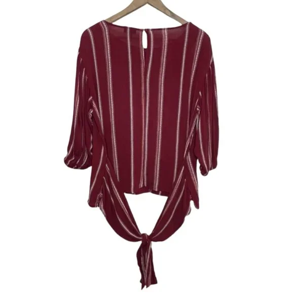 ANA | Red Striped 3/4 Elastic Sleeve Blouse with Waist Tie | Size M - Picture 5 of 10